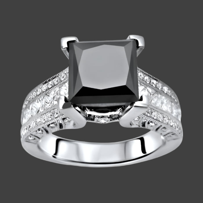 4.50 Carat Natural Black Princess Cut Diamond Engagement Ring 14K White Gold