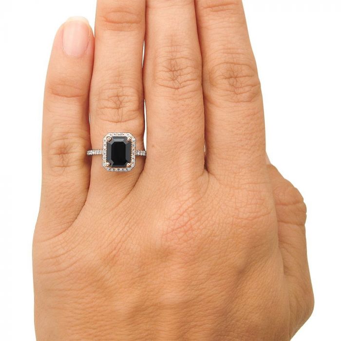 3.50ct Emerald Cut Black Diamond Halo Engagement Ring 14K White Gold