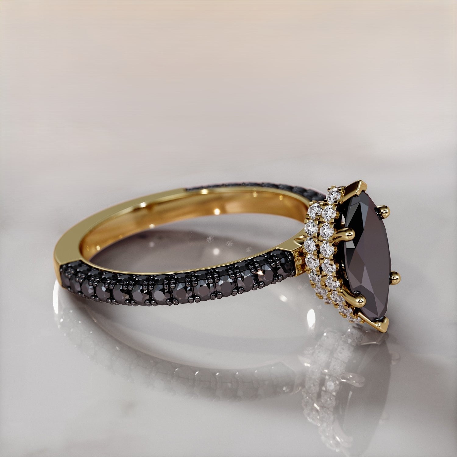 2.70 Carat Marquise Black Diamond Engagement Ring Micro Pave 14K Solid Yellow Gold