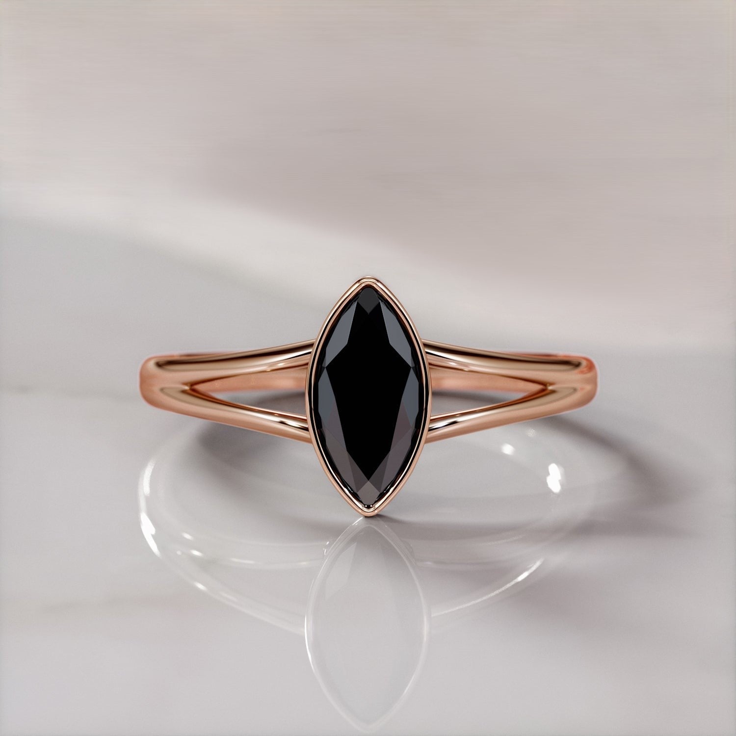 2.22 Carat Marquise Black Diamond Engagement Ring Split Shank 14K Solid Rose Gold