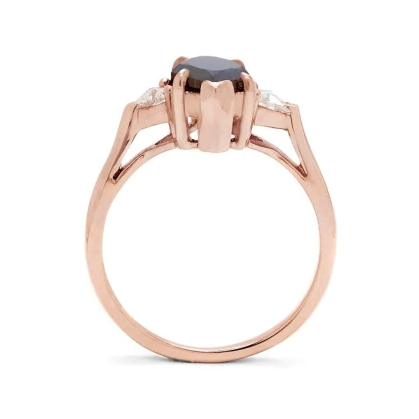 Trillion Three Stone Marquise Black Diamond Ring 14K Rose Gold - Blackdiamond