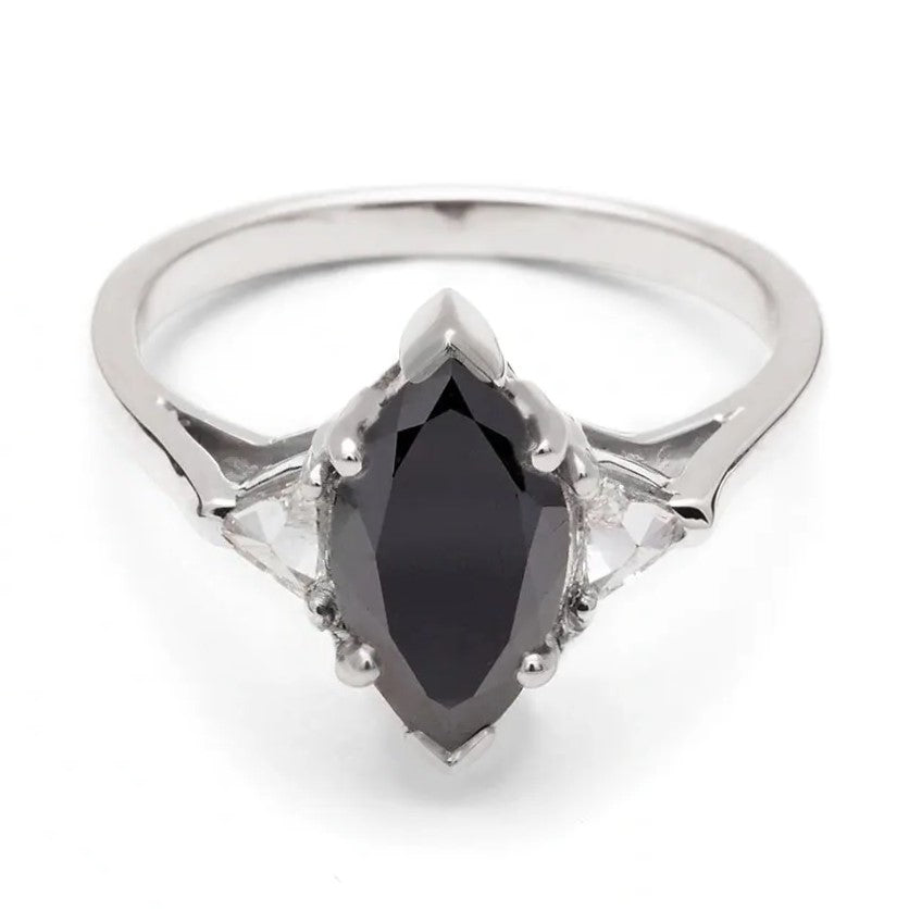Trillion Three Stone Marquise Black Diamond Ring 14K Rose Gold - Blackdiamond