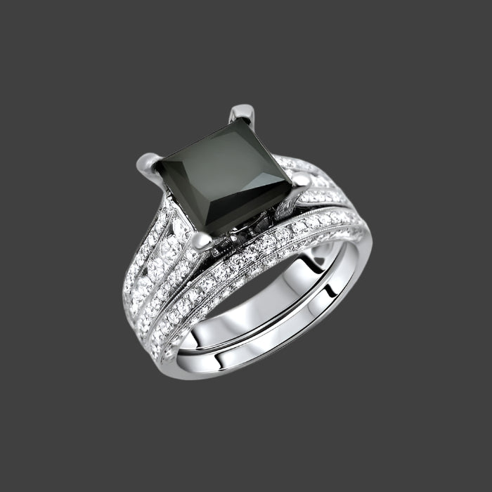 4 Carat Black Princess Cut Diamond Engagement Ring Wedding Band Set 14K White Gold