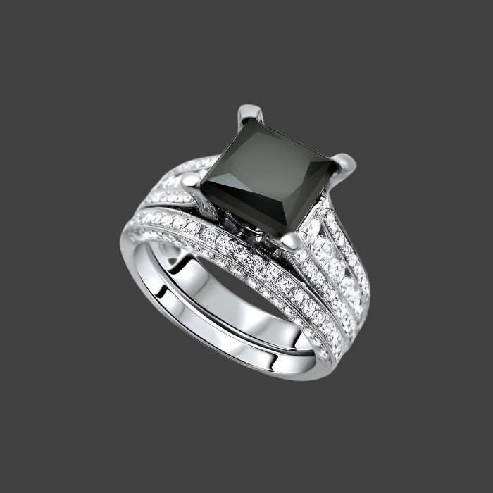 Black Princess Cut Diamond Engagement Ring Wedding Band Set 14K White Gold 4ct