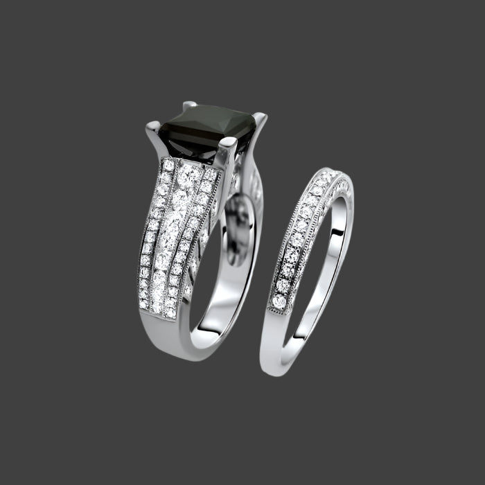 Natural Black Princess Cut Diamond Engagement Ring Wedding Band Set 14K White Gold