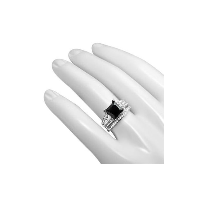 Black Princess Cut Diamond Engagement Ring Wedding Band Set 14K White Gold 4 carat