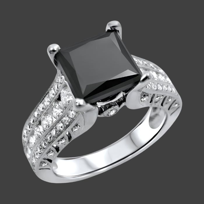 Black Princess Cut Diamond Engagement Ring 14K White Gold