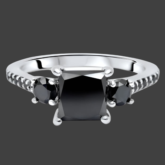 princess Cut 3 Stone Black Diamond Engagement Ring 14K White Solid Gold