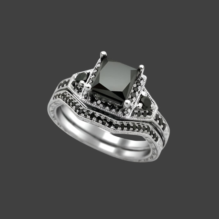 Princess Cut Black Diamond Engagement Ring Bridal Set 14K White Gold