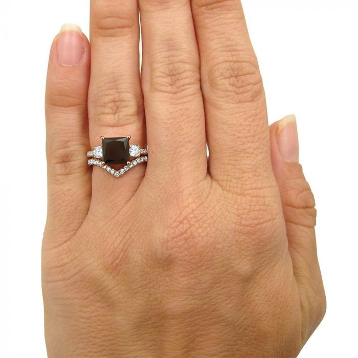 4 Carat Princess Black Engagement Ring Bridal Set 14k Rose Gold