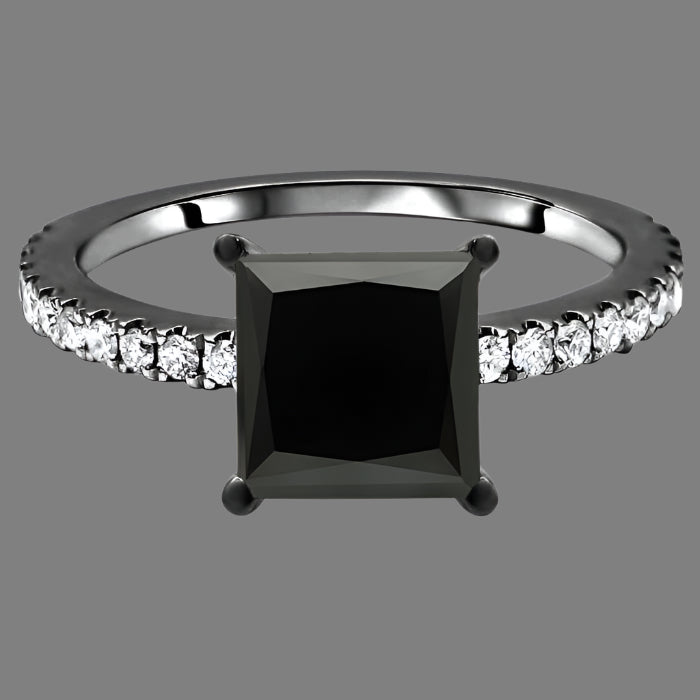2.10 carat Black Princess Cut Diamond Hidden Halo Engagement Ring 14k Black Gold