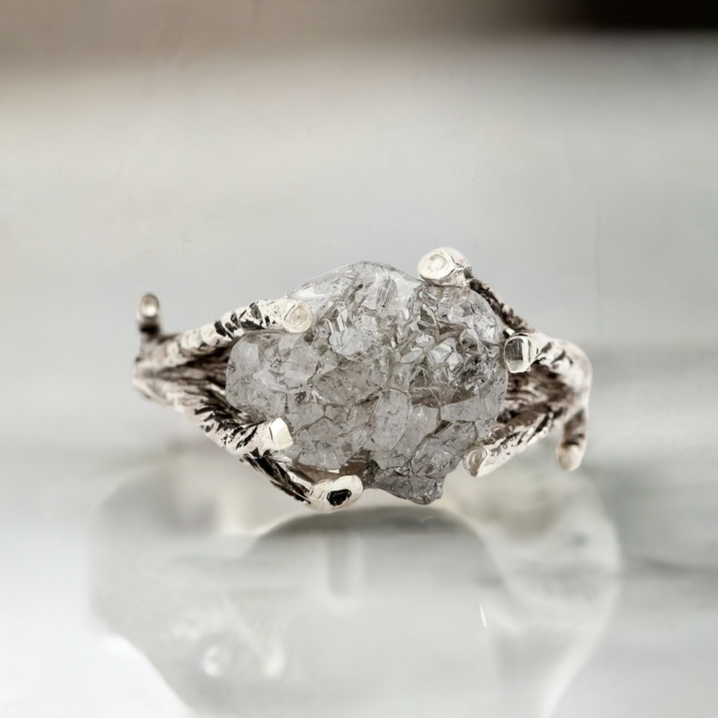 Raw Diamond Ring in 14k Solid White Gold Ring – Artisan Crafted Engagement Ring, Memorable Love Gift, unique Engagement