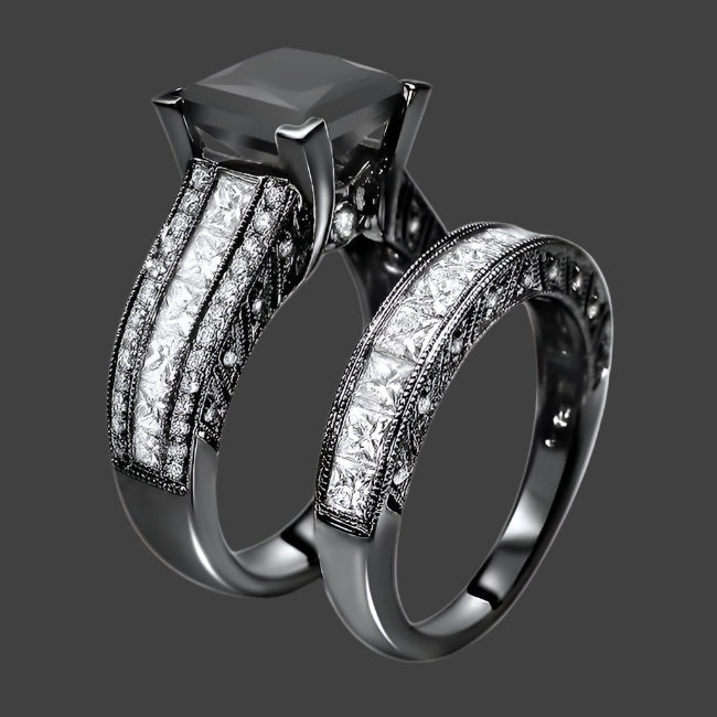 5.50 Carat Black Princess Cut Diamond Engagement Ring Bridal Set 14k Black Gold