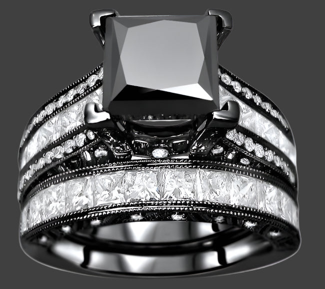 5.50 Carat Black Princess Cut Diamond Engagement Ring Bridal Set 14k Black Gold