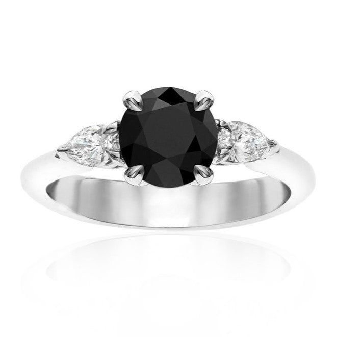 Three Black Diamond Round and Pear Shape Ring - Blackdiamond
