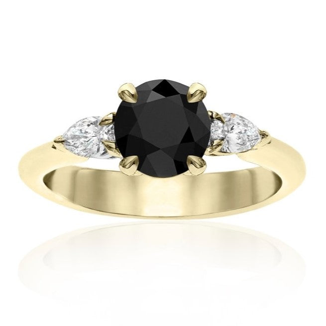 Three Black Diamond Round and Pear Shape Ring - Blackdiamond