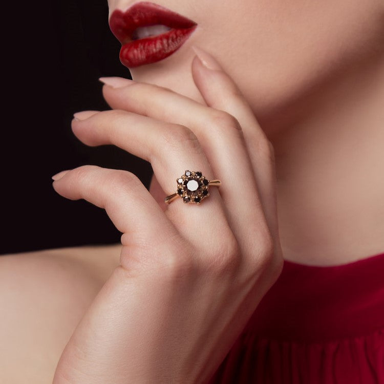 The Bloom Round Black Diamond Halo Engagement Ring 14K Black Gold - Blackdiamond
