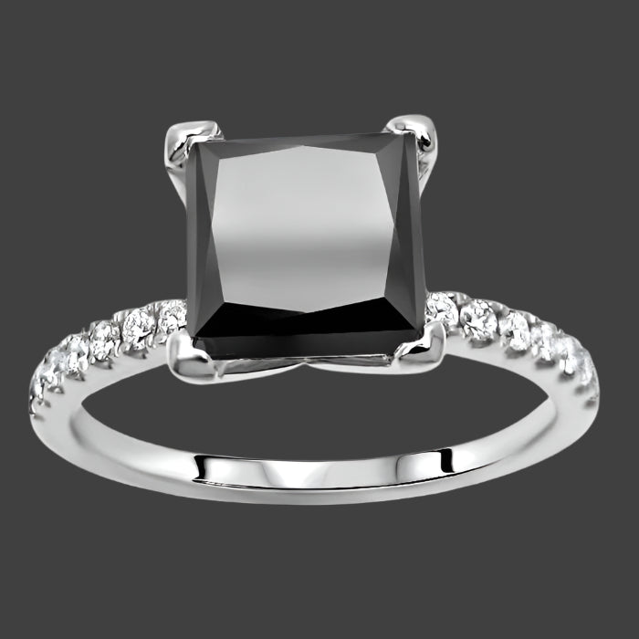 2.50 Carat Pave Black Diamond Princess Cut Engagement Ring 14K White Gold