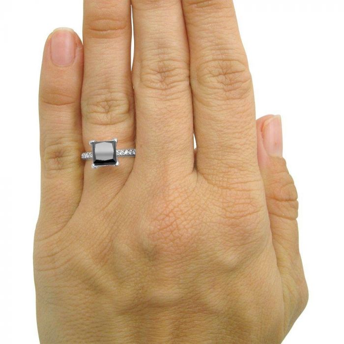 2.50 Carat Pave Black Diamond Princess Cut Engagement Ring 14K White Gold