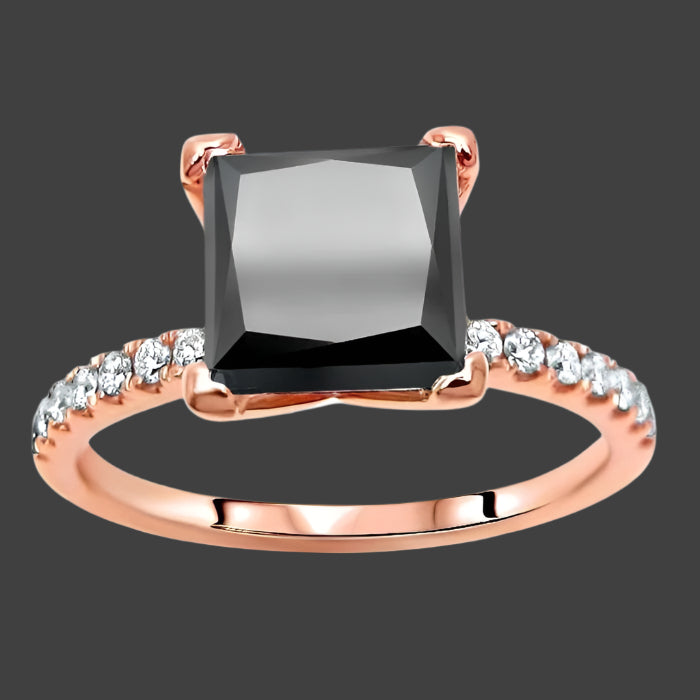 2.50 Carat Pave Black Diamond Princess Cut Engagement Ring 14K Rose Gold
