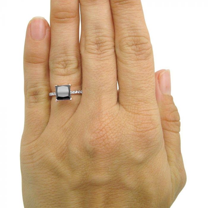 2.50 Carat Pave Black Diamond Princess Cut Engagement Ring 14K Rose Gold