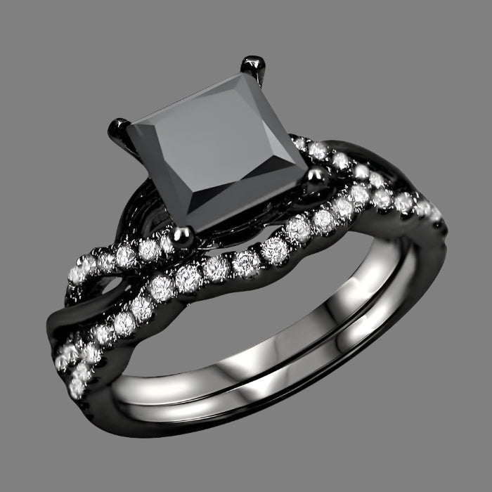1.50 Carat Black Princess Cut Diamond Engagement Ring Bridal Set 14K Black Gold