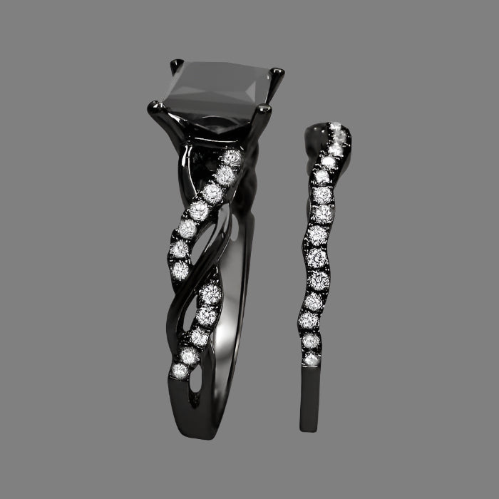 1.50 Carat Black Princess Cut Diamond Engagement Ring Bridal Set 14K Black Gold