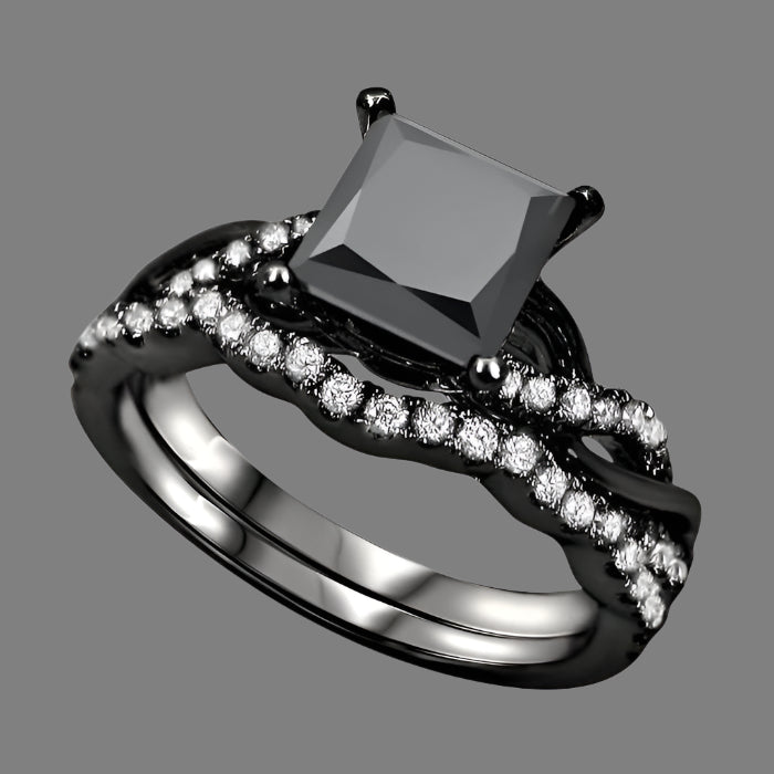 1.50 Carat Black Princess Cut Diamond Engagement Ring Bridal Set 14K Black Gold