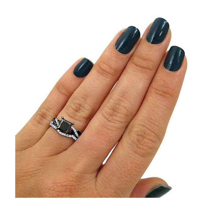 1.50 Carat Black Princess Cut Diamond Engagement Ring Bridal Set 14K Black Gold