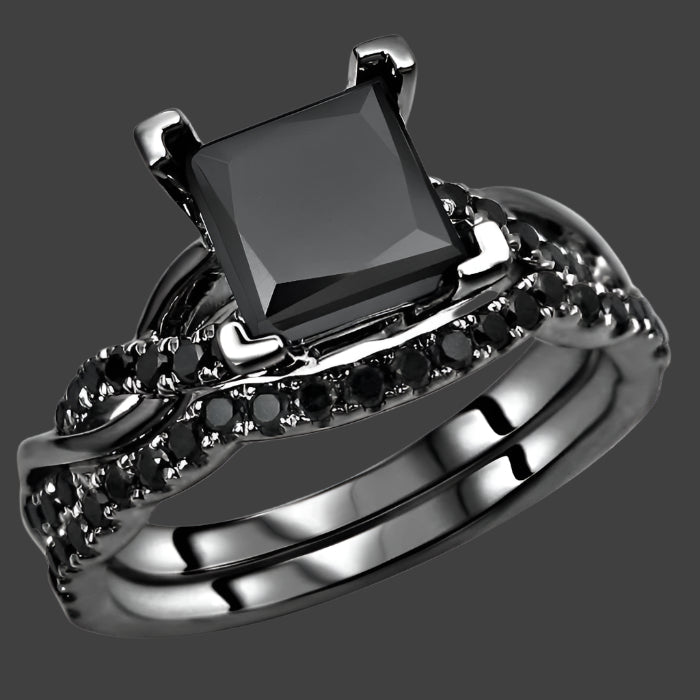 Black Princess Cut Diamond Engagement Ring Bridal Set 14K Black Gold