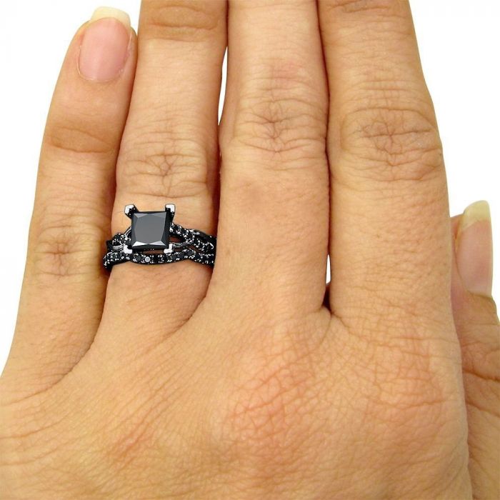 Black Princess Diamond Engagement Ring Bridal Set 14K Black Gold