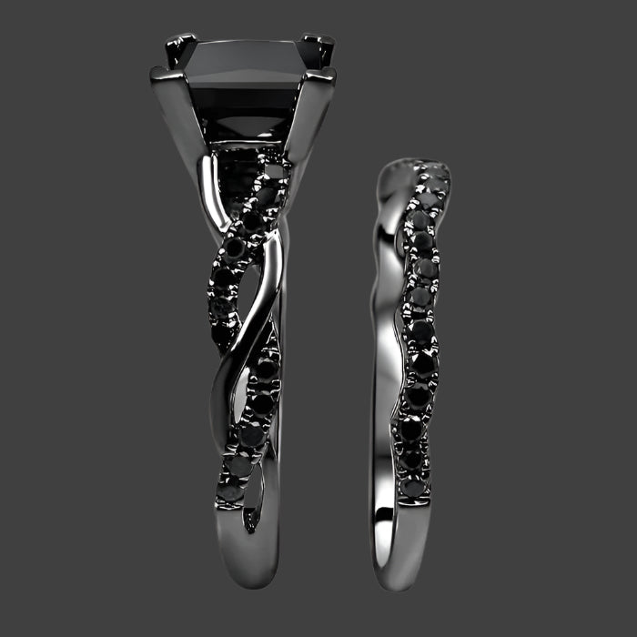 1.70 Carat Black Princess Diamond Engagement Ring Bridal Set 14K Black Gold