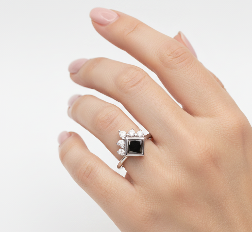 2 Carat Black Princess Cut Diamond Engagement Ring 14K White Gold
