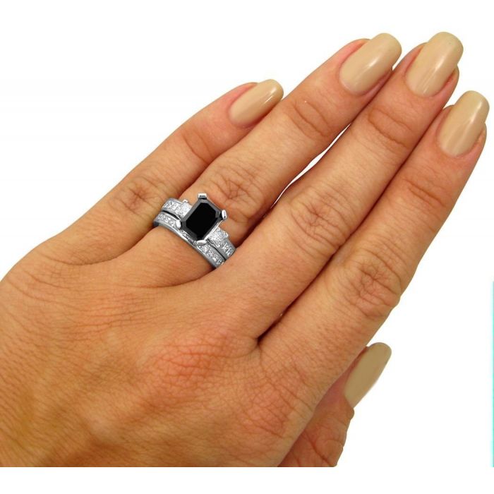 4.20ct Black Emerald Cut 3 Stone Diamond Engagement Ring Bridal Set 14k White Gold