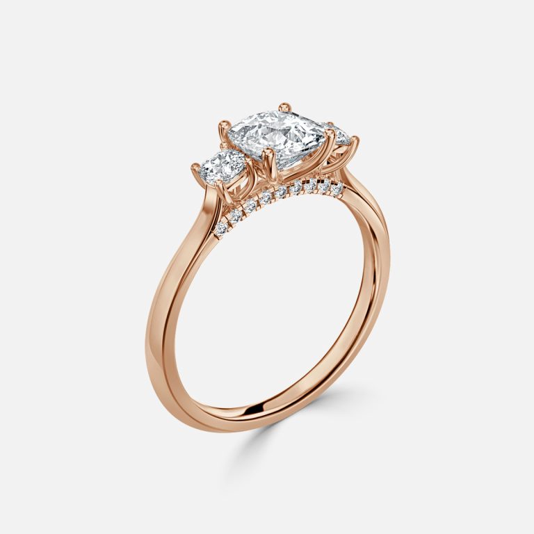 Cae Cushion Three Stone Engagement Ring 14K / 18K Solid Gold