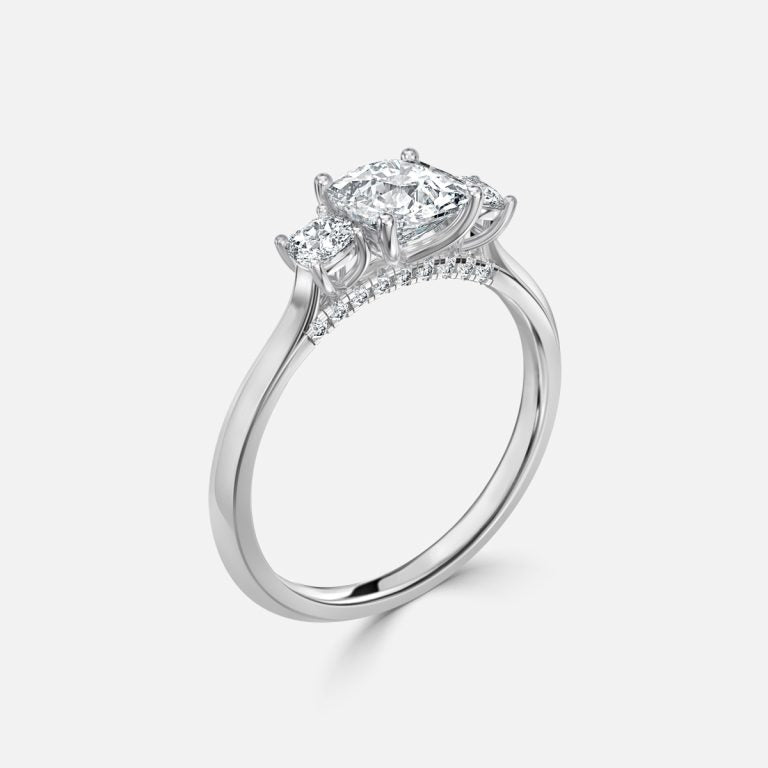 Cae Cushion Three Stone Engagement Ring 14K / 18K Solid Gold