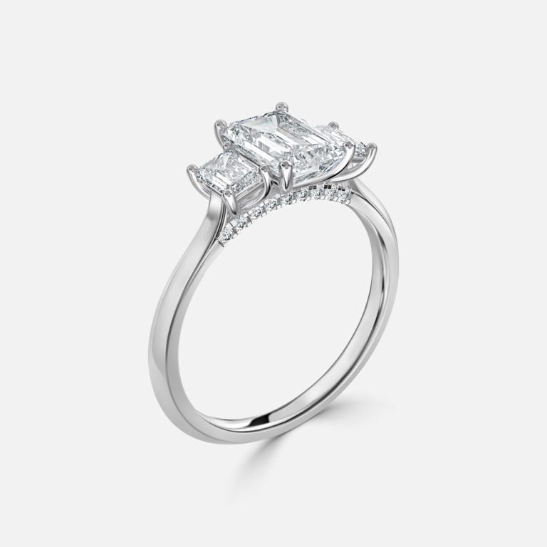 Cae Emerald Three Stone Engagement Ring 14K / 18K Solid Gold