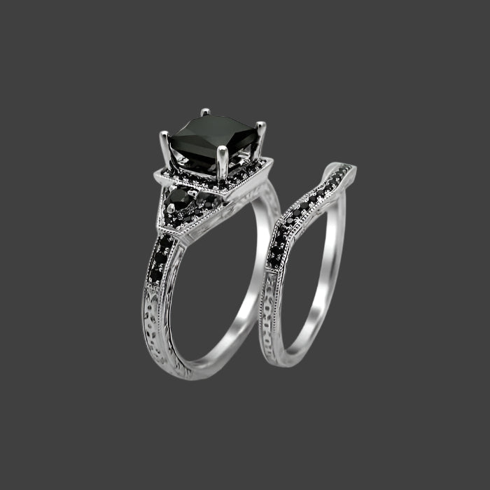 princess cut black diamond ring with set
