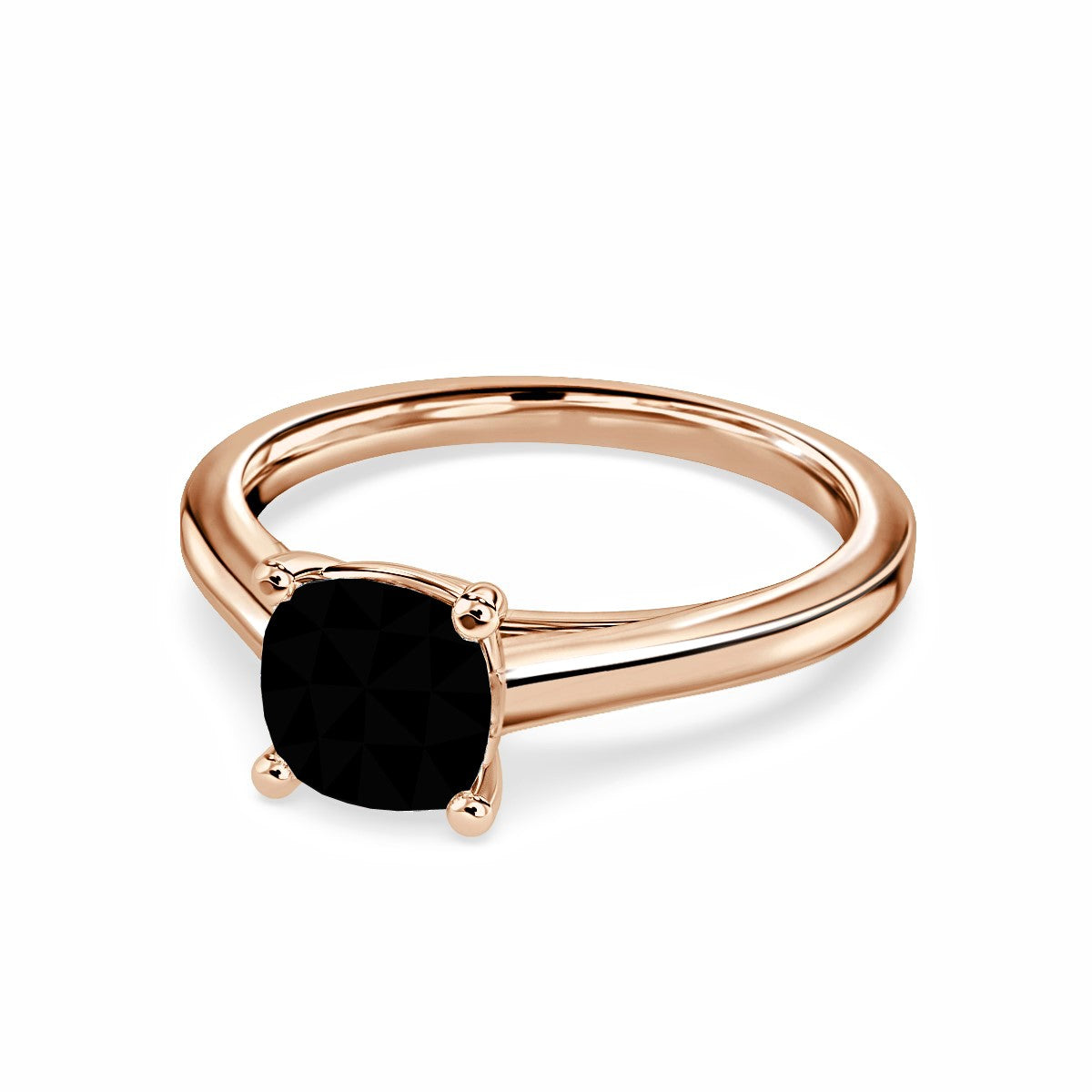 14k Rose Gold Solitaire Cushion Rose Cut Natural Black Diamond Ring - Blackdiamond