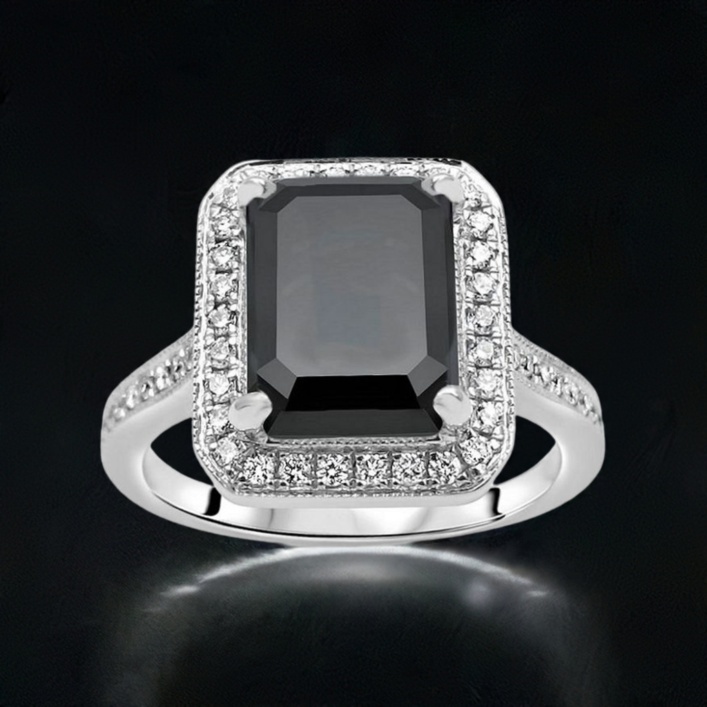 3.70 Carat Emerald Cut Black Diamond Halo Engagement Ring 14K White Solid Gold