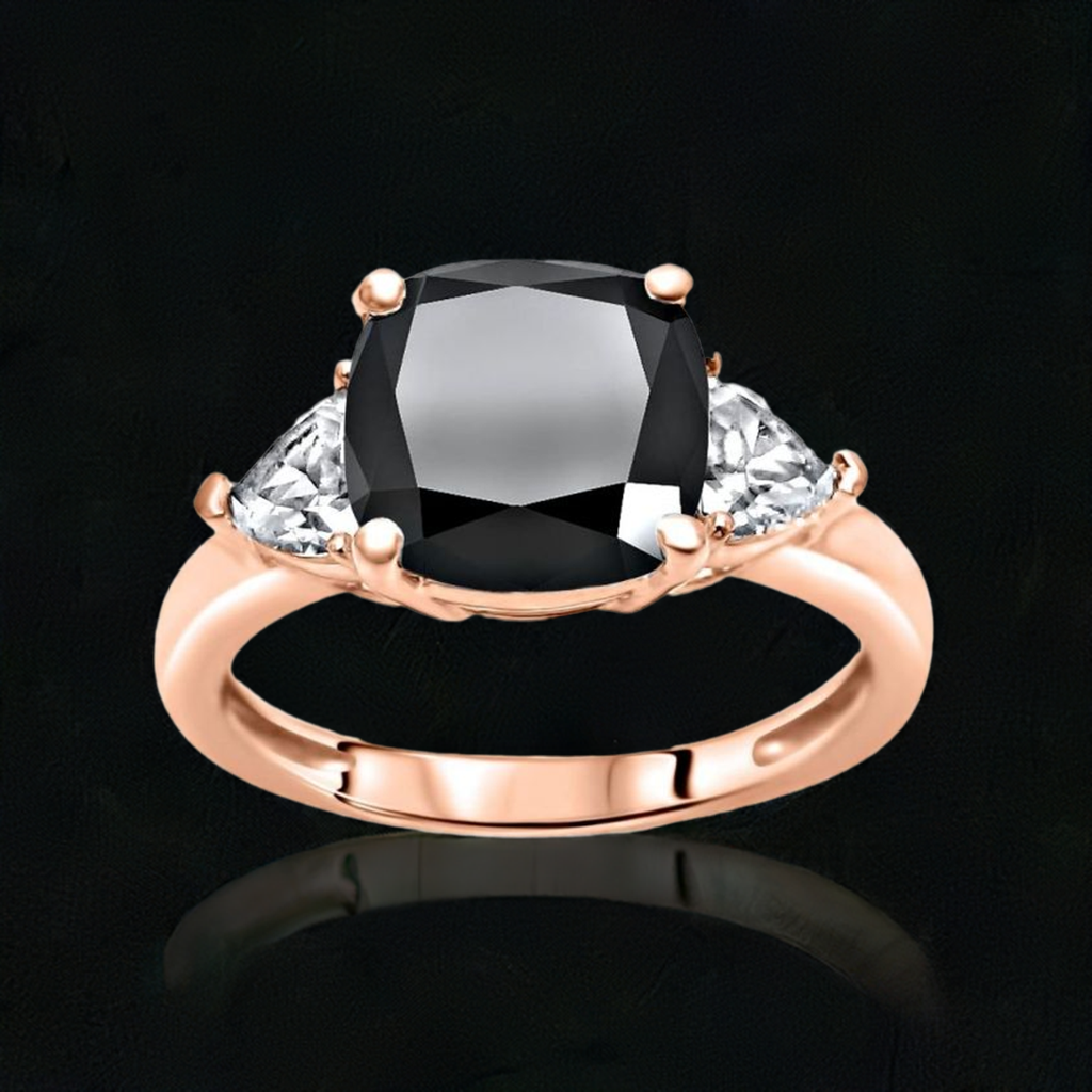3ct Black Cushion Cut Diamond 3 Stone Trillion White Engagement Ring 14K Solid White Gold