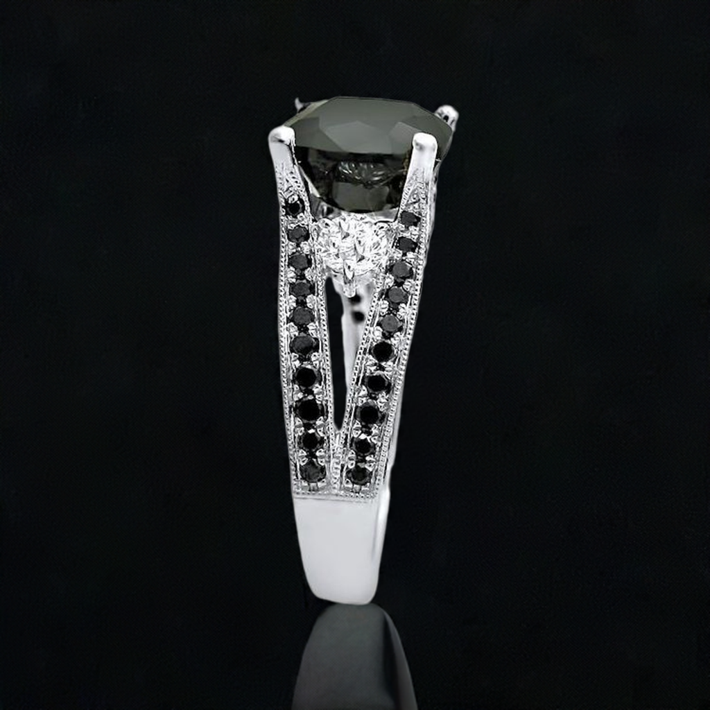 4ct Black 3 Stone Cushion Cut Diamond Engagement Ring 14k Solid White Gold