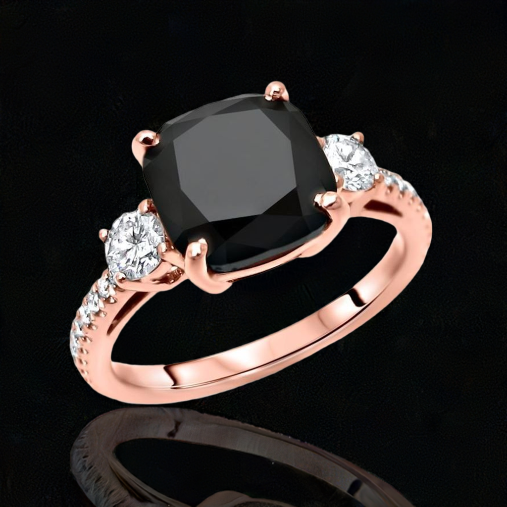 3.50ct 3 Stone Cushion Cut Black Diamond Engagement Ring 14K Solid Rose Gold