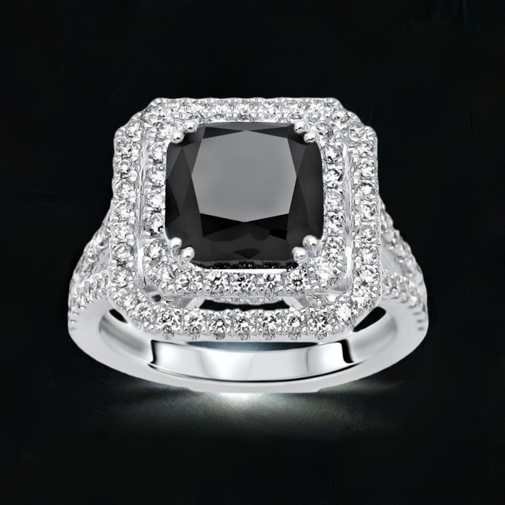 3.50ct Black Cushion Cut Diamond Double Halo Engagement Ring 18K Solid White Gold