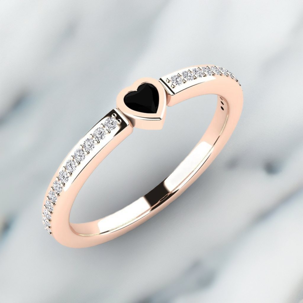 14K Solid Gold Black Natural Diamond Heart Engagement Ring