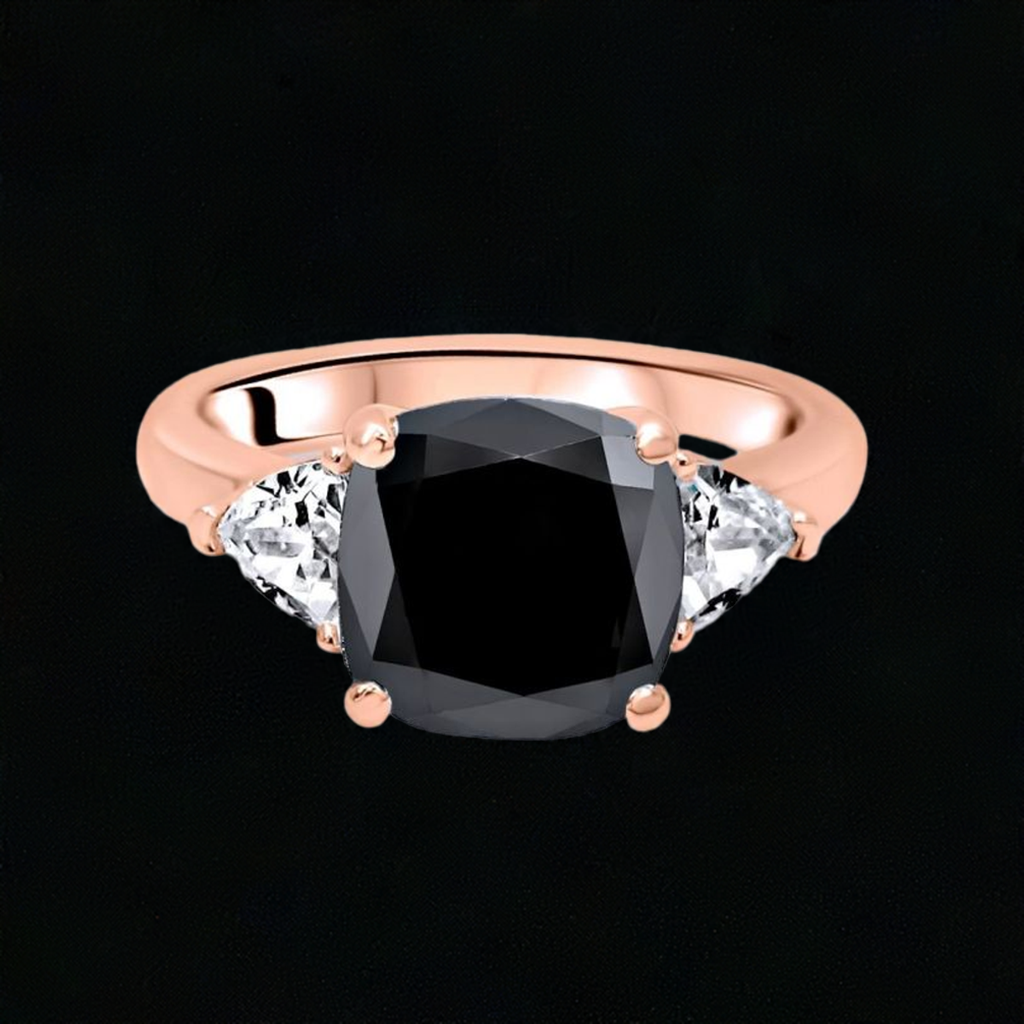 3ct Black Cushion Cut Diamond 3 Stone Trillion White Engagement Ring 14K Solid White Gold