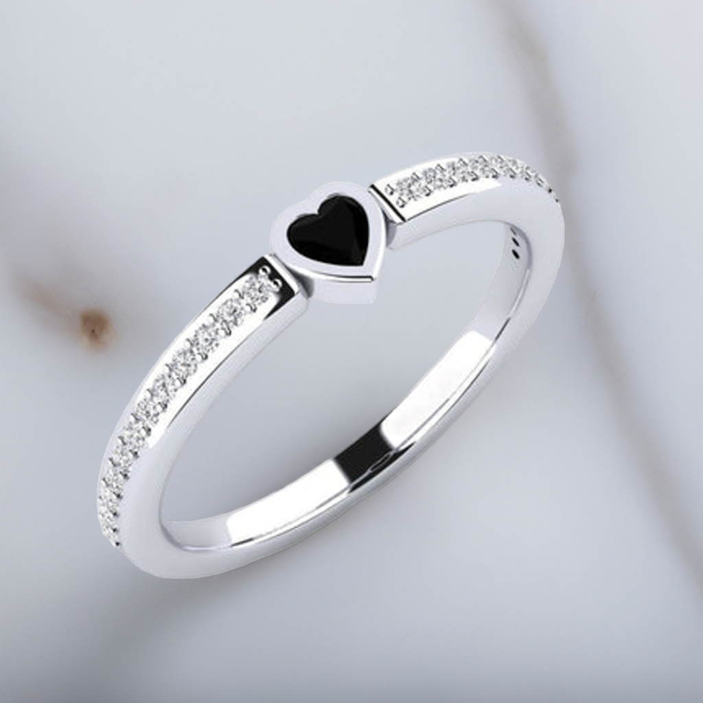 14K Solid Gold Black Natural Diamond Heart Engagement Ring