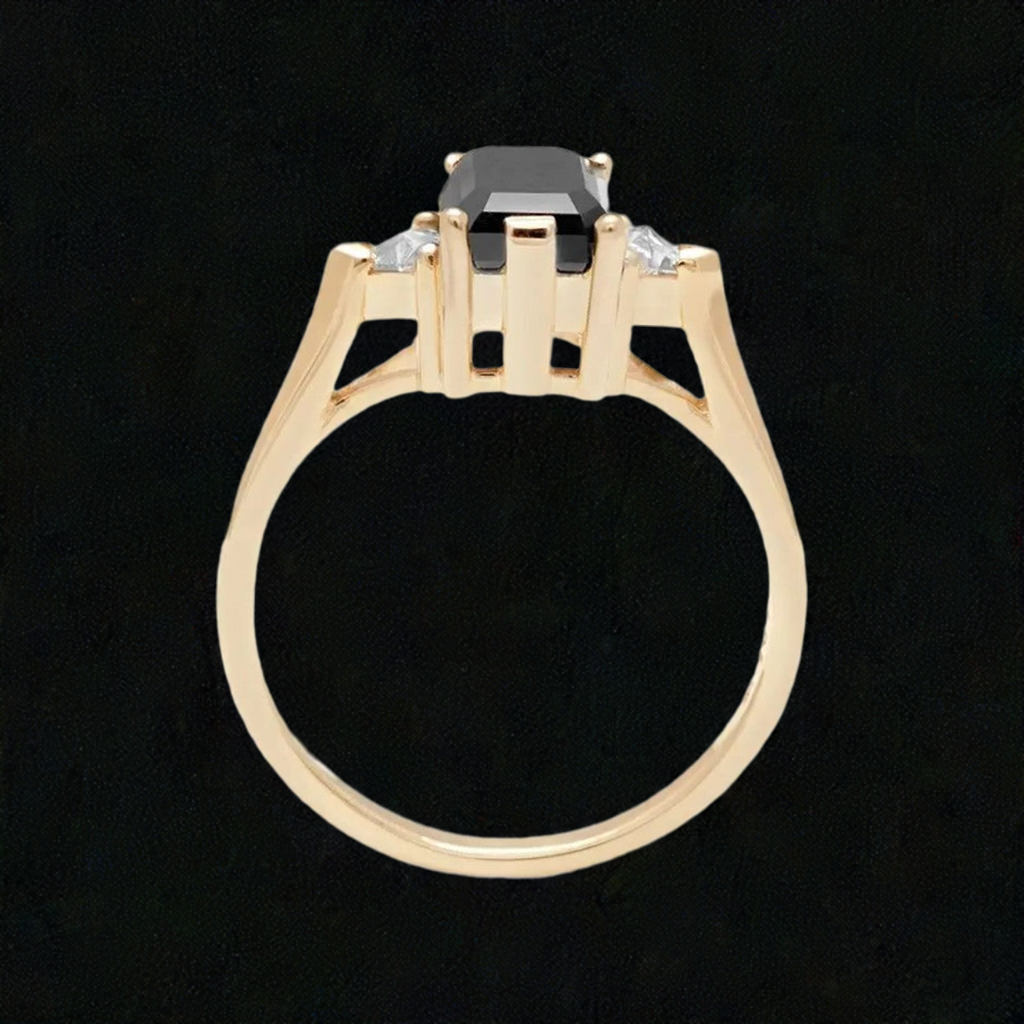 Trillion Three Stone Emerald Black Diamond Ring 14K Rose Gold