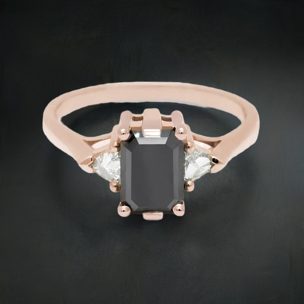 Trillion Three Stone Emerald Black Diamond Ring 14K Rose Gold