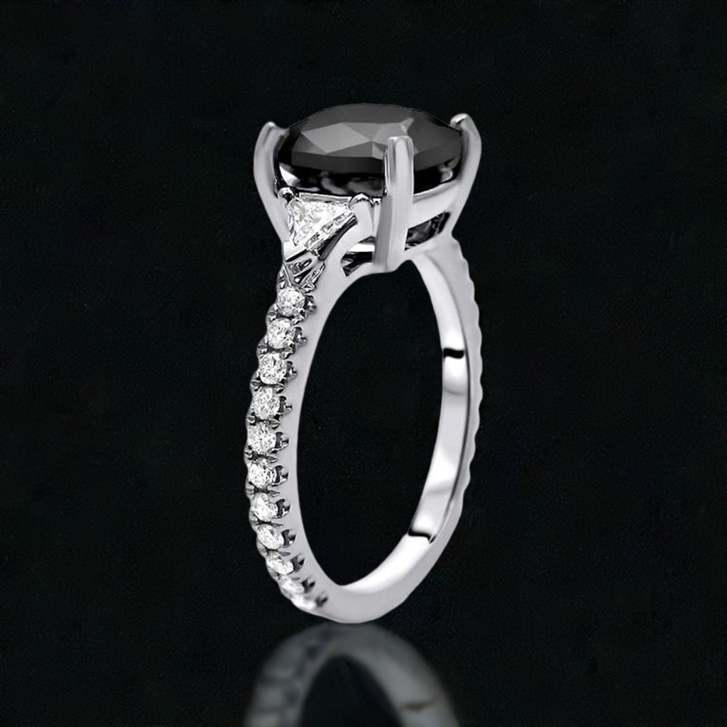3.50ct Black 3 Stone Cushion Cut 3 Stone Trillion Diamond Engagement Ring 14K Solid White Gold
